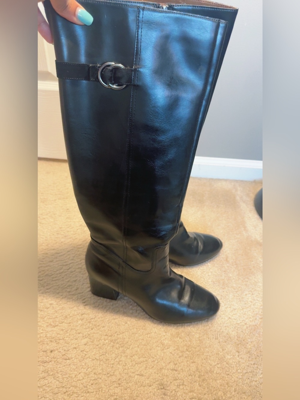 Franco Sarto Black Leather Knee-High Heeled Boots Size 10